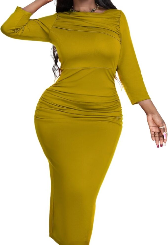 Women's Sexy 3/4 Sleeve Midi Dress Ruched Bodycon Solid Evening Party Vintage Church Dresses – Bild 2