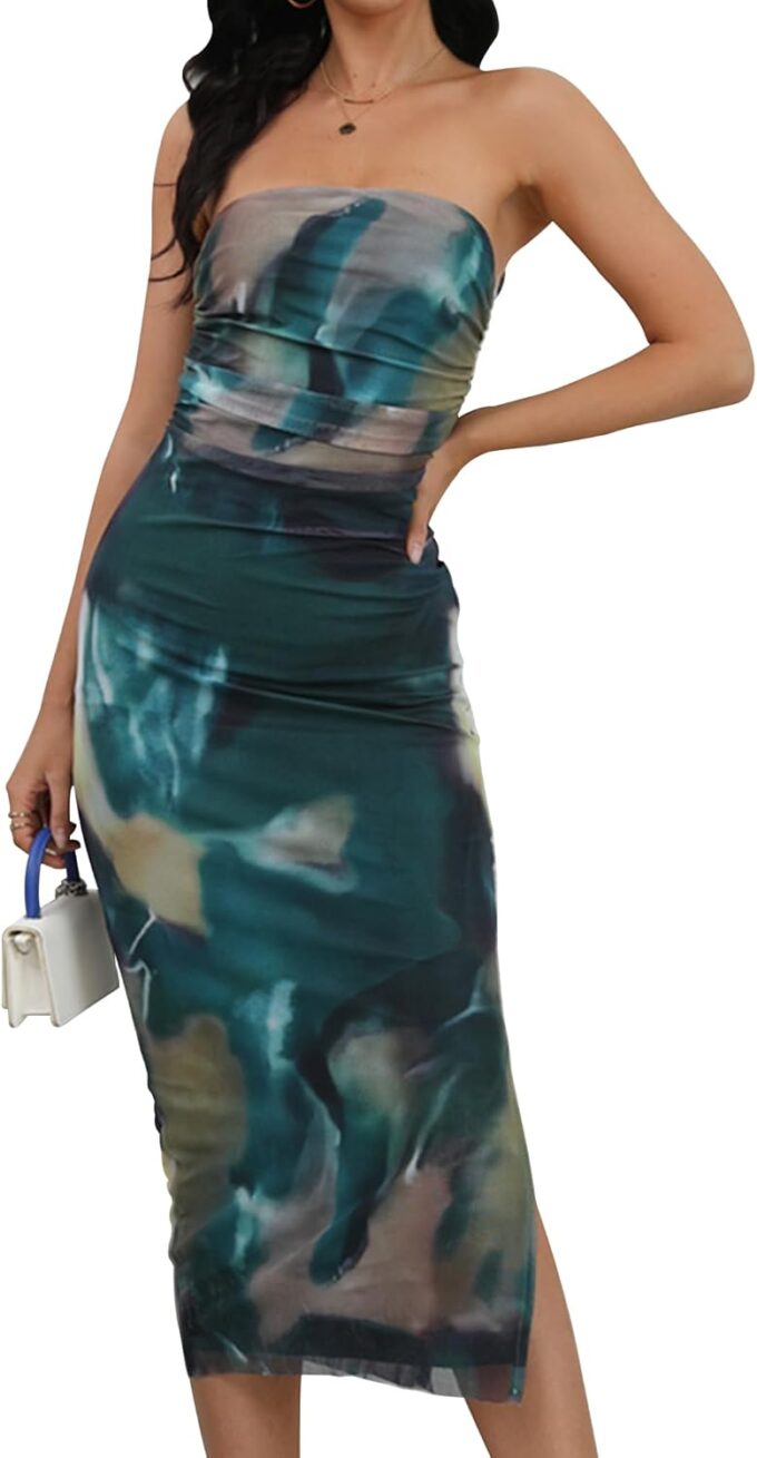 Womens Mesh Cocktail Bodycon Dresses Graduation Party Slit Tie Dye Summer Elegant Going Out Dress