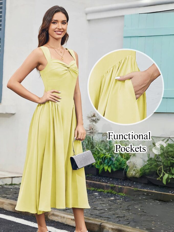 Women Summer Formal Dress Sweetheart Neckline Spaghetti Straps Wedding Guest Midi Dresses with Pockets – Bild 3