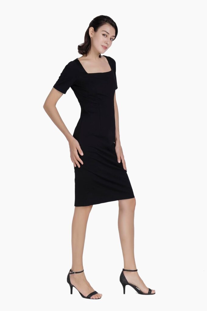 Alantino Damenkleid mit quadratischem Ausschnitt, kurze Ärmel, mittellang, formelle Business-Kleidung – Bild 3