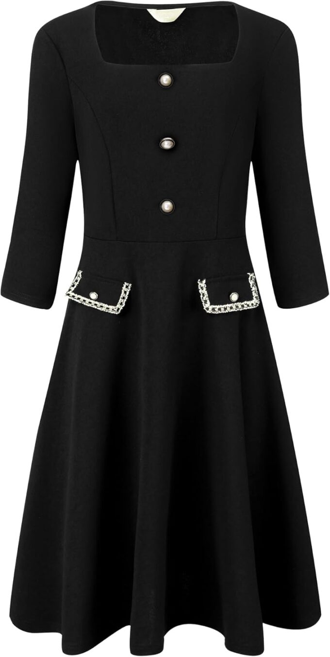 Hobemty Damen A-Linie Kleid Halbarm Knopf Dekor Quadratischer Ausschnitt Arbeitskleider