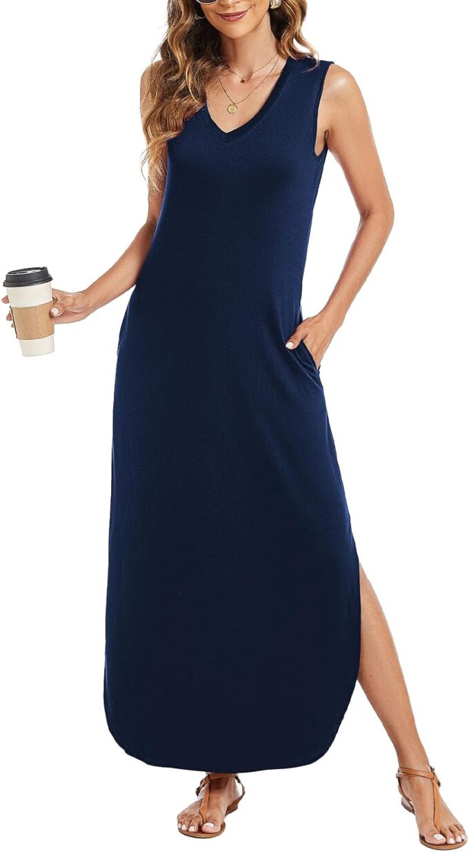 Arolina Maxi Dress for Women Tropical Summer V Neck Sleeveless Split Long Beach Dresses Casual Loose Sundress with Pockets – Bild 3
