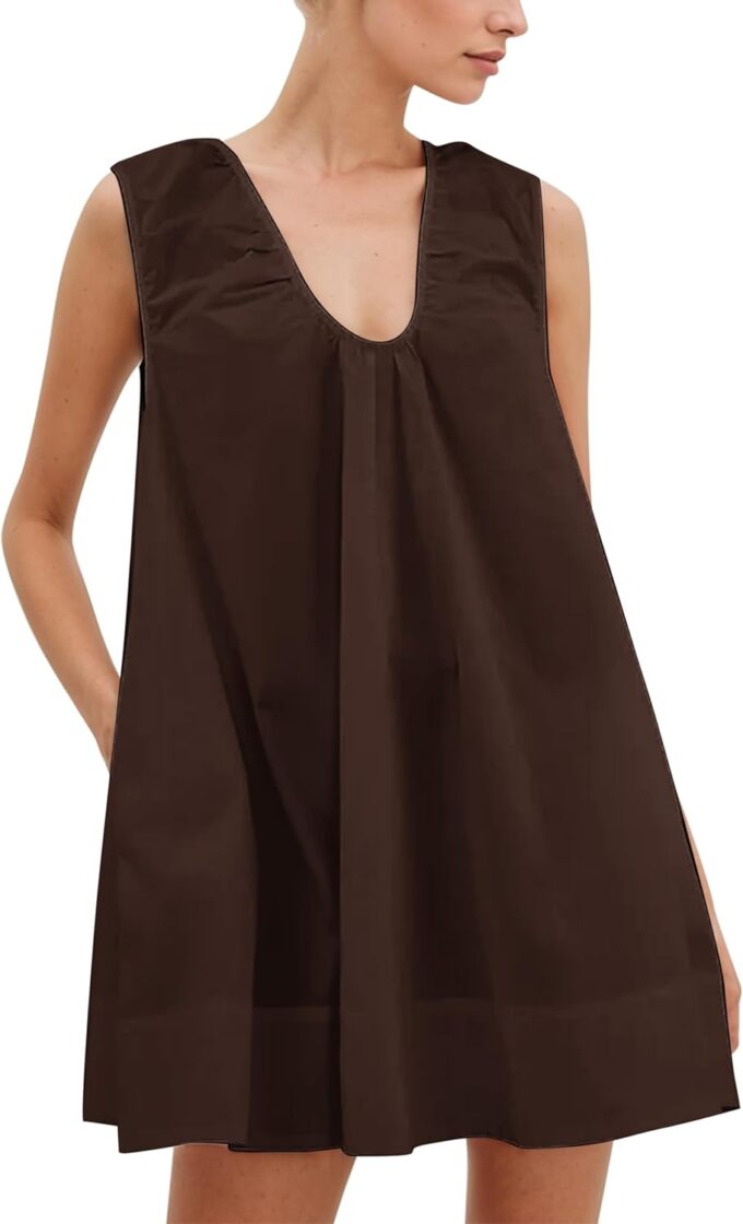 MISSACTIVER Women's Sleeveless Babydoll Tank Mini Dress Scoop Neck Ruched Short Dress with Side Pockets Summer Party Dresses Brown – Bild 4