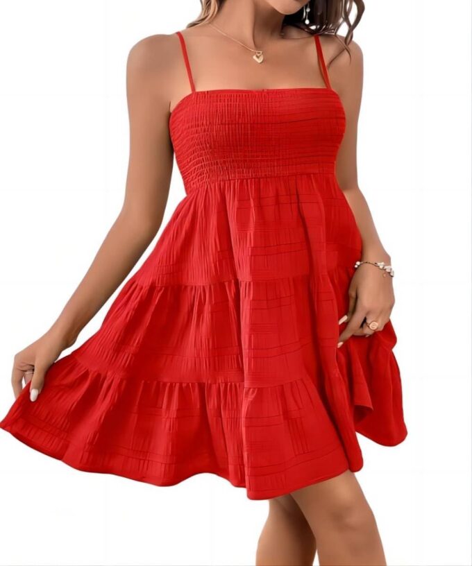 Womens Vacation Summer Casual A Line Swing Dress Ruched Bust Sleeveless Solid Ruffle Hem Cami Short Dress