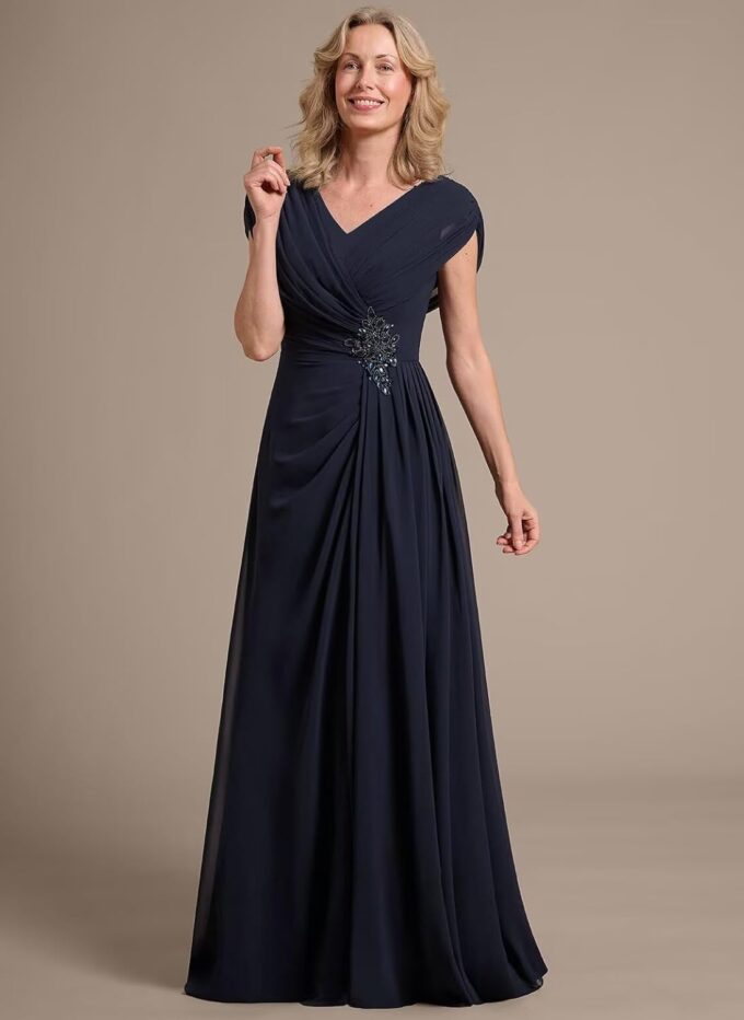 Miao Duo Women's Cap Sleeves Mother of The Bride Dress 2025 Chiffon Long Ruched A Line Formal Dresses YZTS122 – Bild 5