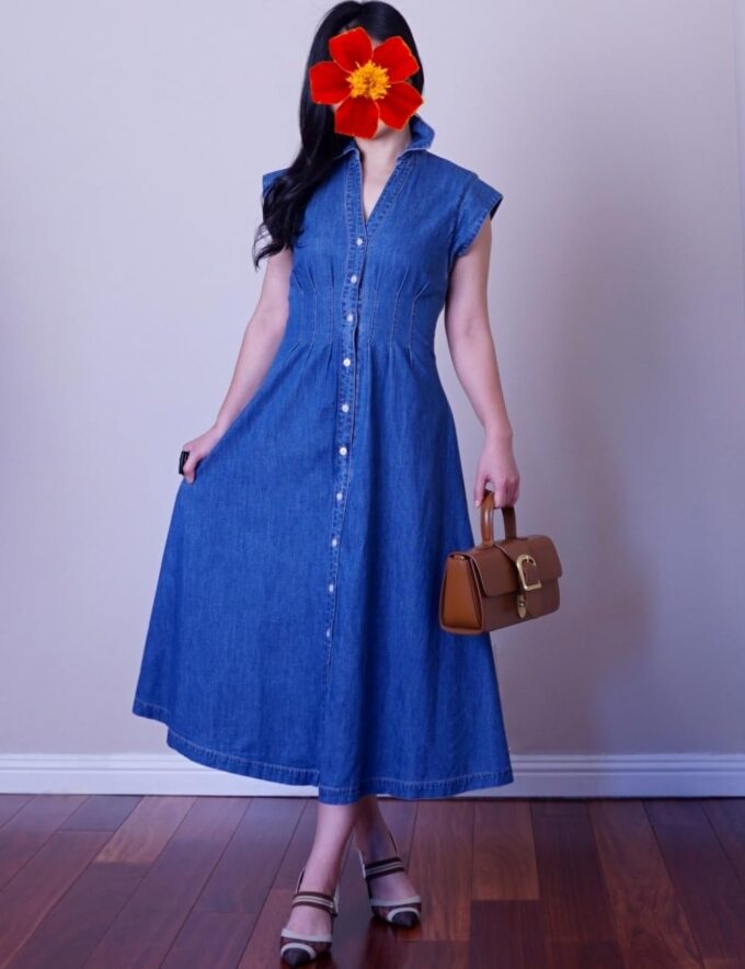 Women's Summer Denim Shirt Dress Lapel V Neck Cap Sleeve Jean Dress Button Down A-Line Long Dresses – Bild 5