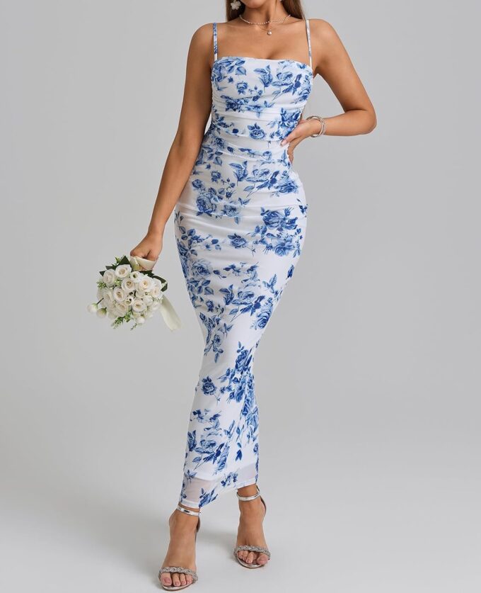 Women's Summer Mesh Floral Maxi Dress Sleeveless Spaghetti Strap Ruched Bodycon Formal Party Fitted Long Dresses – Bild 5