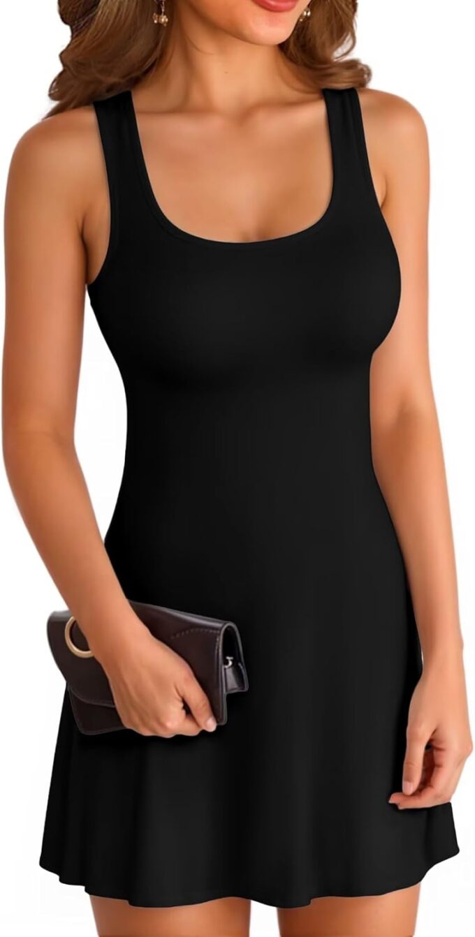 VICHYIE Womens Summer Ribbed Knit Square Neck Dress A Line Flare Mid-Thigh/Above Knee/Mini Ruffle Swing Sundress