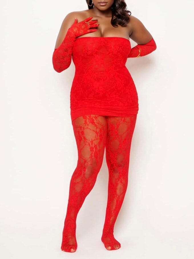 Mojessy 2 Piece Outfits for Women Sexy Lace Tube Mini Dress Top with Stockings Legging Set Birthday Outfits – Bild 6