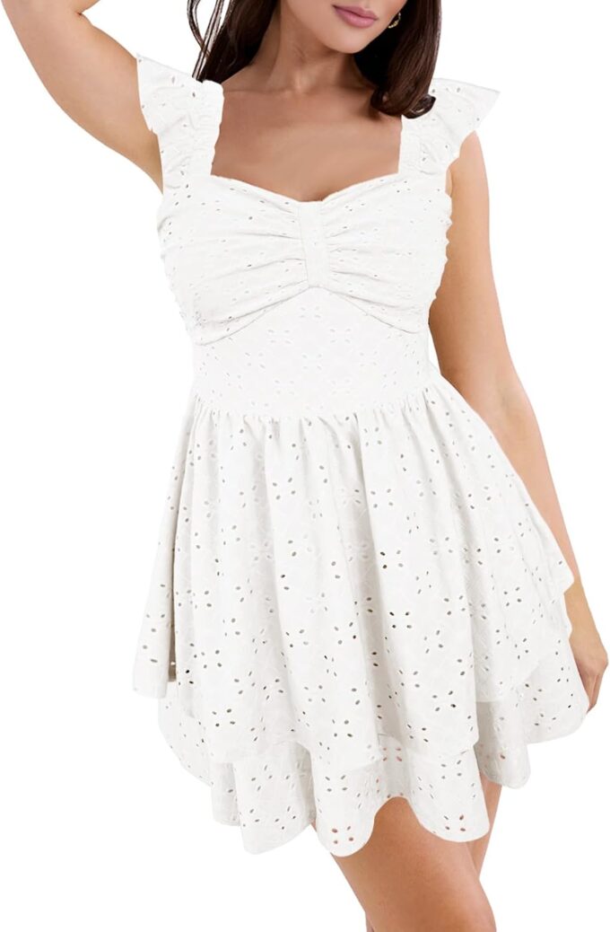 HESUUIO Women's Summer Mini Dress Elegant Backless Hollow Out Eyelets Layered Flowy Swing Short Party Dress Casual Sundress – Bild 4