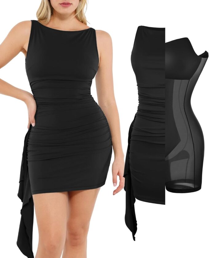 Popilush Cocktail Mini Dresses for Women - Built in Shapewear Party Vacation Dress Summer Boat Neck Ruched Bodycon Dress