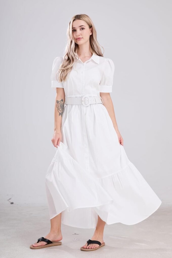 utcoco Womens Striped Button Down Shirt Dress Casual Puff Short Sleeve Ruffle Hem Maxi Dresses with Belt – Bild 4