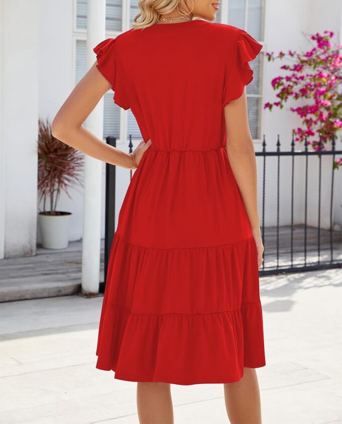 Womens Summer Dress Ruffle Sleeve V Neck Midi Dresses Casual Fit Flowy Tiered Boho Beach Vacation Sundress – Bild 4