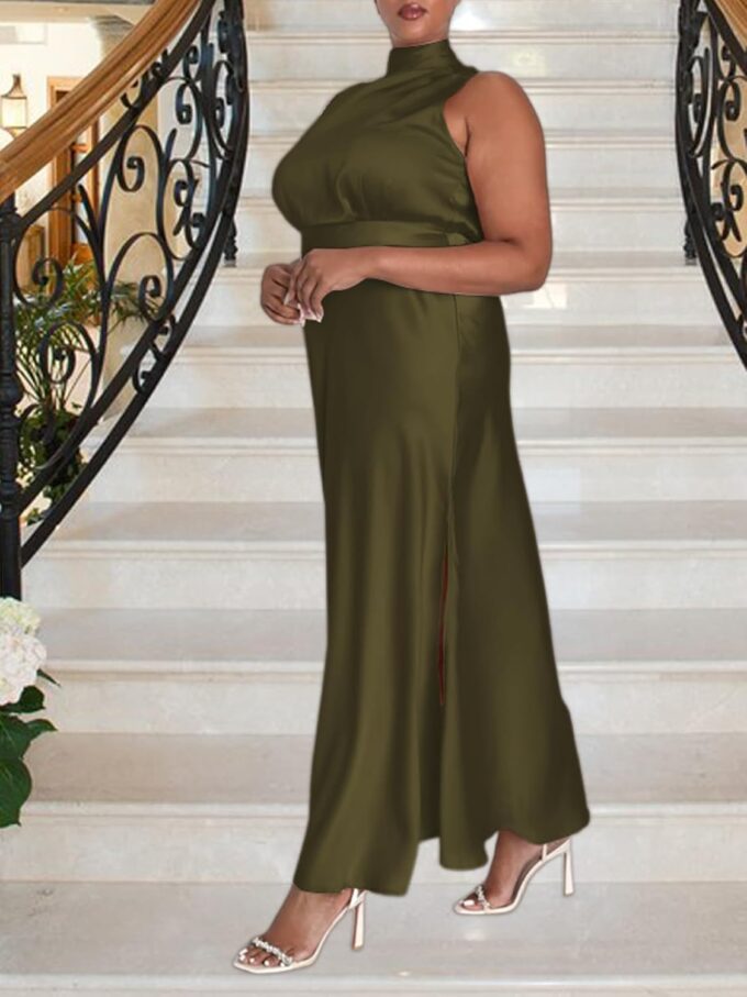 Summer Plus Size Mock Neck Satin Maxi Formal Dress for Women 2025 Elegant Sleeveless Silk Dresses for Wedding Guest Cocktail – Bild 3
