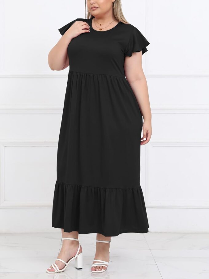 Moon Wood Women's 2025 Plus Size Casual Dress Crew Neck Ruffle Short Sleeve Summer Maxi Dresses with Pockets – Bild 3
