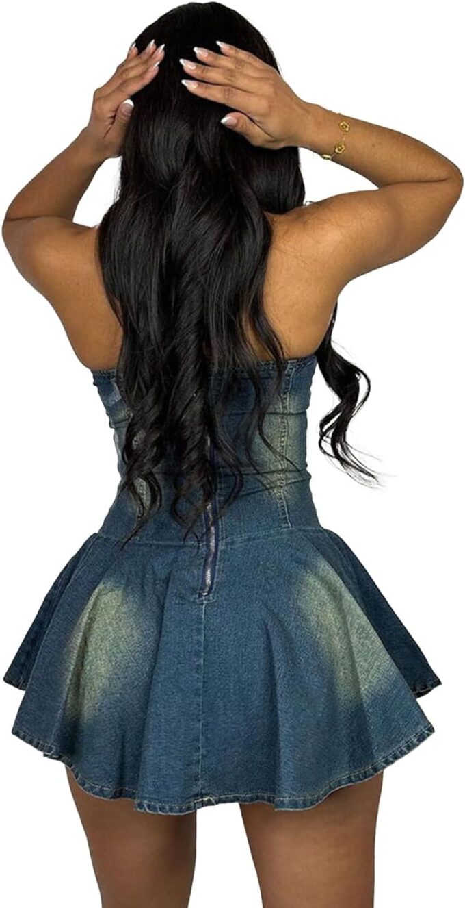 Sexy Tube Denim Dress Corset Strapless Ruffled Hem Jean Mini Dress – Bild 4