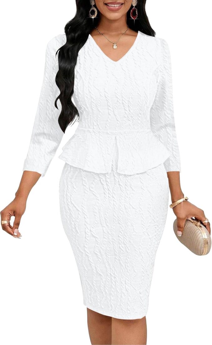 Runwind Schößchen-Kleid für Damen, V-Ausschnitt, 3/4-Ärmel, für die Arbeit, Midi-Kirchenkleider, elegante Bleistiftkleider – Bild 2