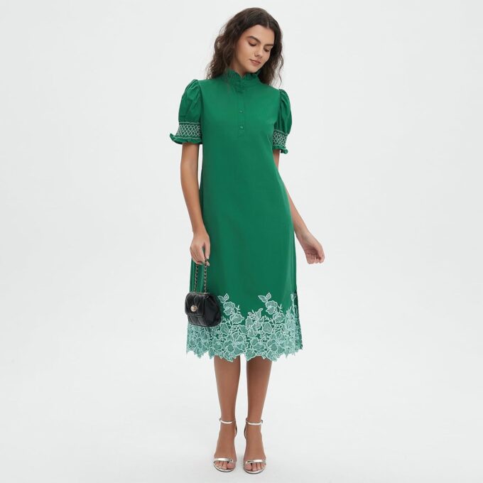 Womens Casual Shirt Dress Button Down Short Sleeve Midi Dress Flower Embroidery Slit Spring Summer Fall Fashion Dresses – Bild 5