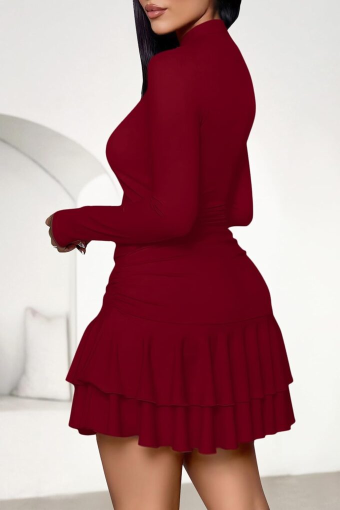 PRETTYGARDEN Women's Fall Long Sleeve Dresses 2025 Mock Neck Ruched Y2K Clothes Ruffle Layered Bodycon Mini Party Dress – Bild 4