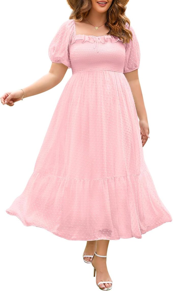 Plus Size Summer Dresses - Swiss Dot Smocked Square Neck Puff Sleeves Boho Flowy A Line Long Maxi Wedding Guest Dress
