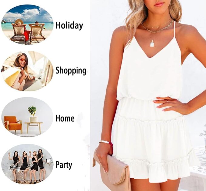 Newffr Womens V Neck Summer Mini Dress Sleeveless Ruffle Spaghetti Strap Racerback Flowy Beach Vacation Sundresses – Bild 4