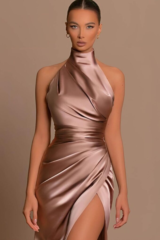 Halter Bridesmaid Dresses Long with Slit Satin Mermaid Prom Dresses for Women Formal Gown Evening Dress – Bild 4