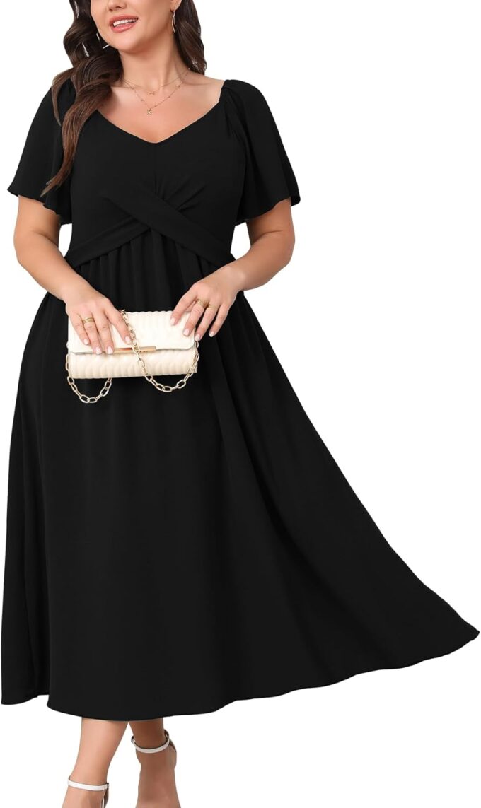 SCOMCHIC Women Plus Size Midi Dresses Short Sleeve V Neck Twist Front Summer Wedding Guest Smocked Flowy A Line Dress