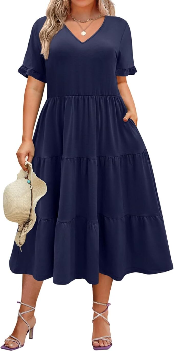 IN'VOLAND Womens Plus Size Short Sleeve Dress Summer Midi Casual Tiered V-Neck Aline Flowy Loose Dresses with Pockets