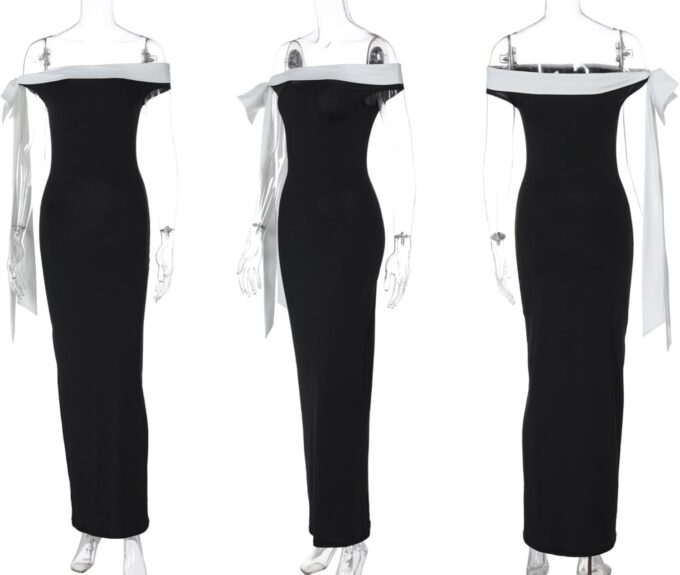 RARITYUS Women’s Sexy Off Shoulder Maxi Dress with Bow Elegant Ribbon Wedding Guest Dress Colorblock Cocktail Dresses – Bild 6