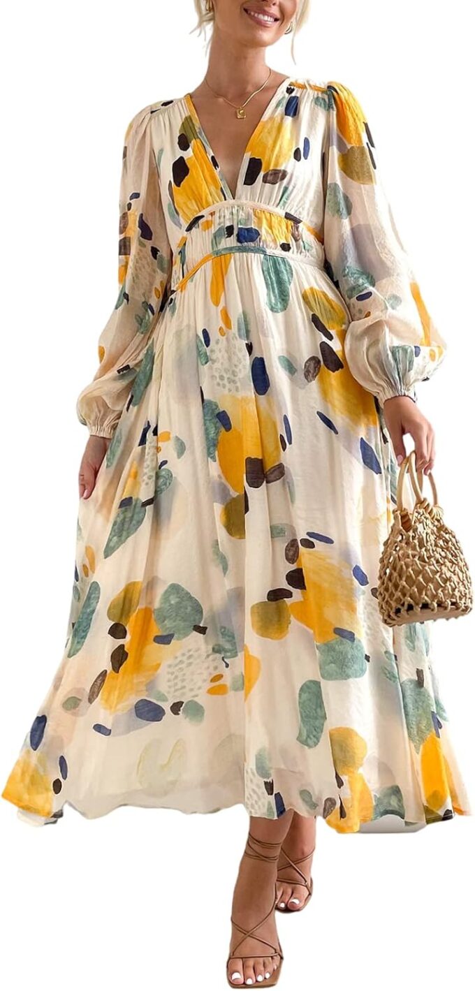 Women's Long Sleeve Floral Maxi Dress Summer Wedding Guest Dress