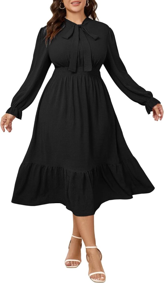 SCOMCHIC Womens Plus Size Midi Dress Flowy A Line Bow Tie Swing Dress Formal Work Party Cocktail Dresses for Wedding Guest