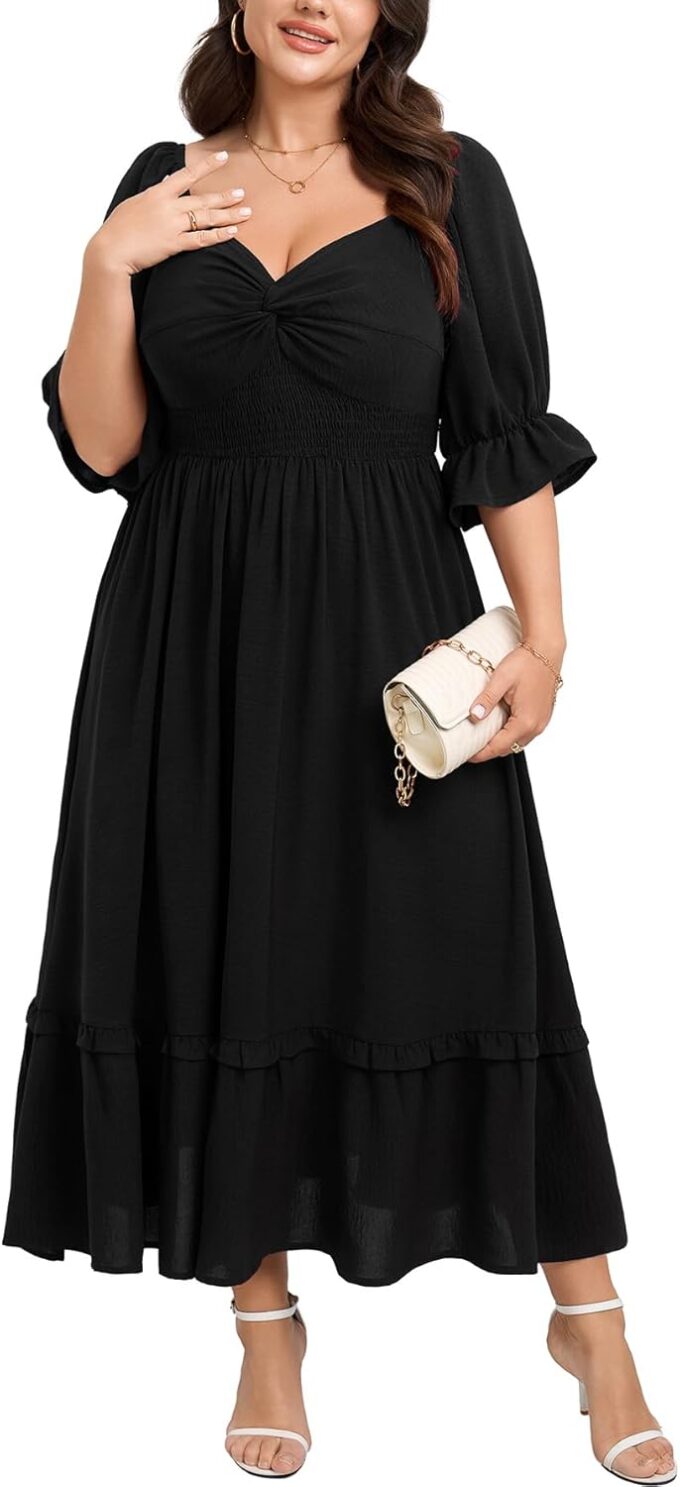 SCOMCHIC Women Plus Size Maxi Dresses Sweetheart Knot Front Puff Short Sleeve Wedding Guest Smocked Ruffle Flowy Dress