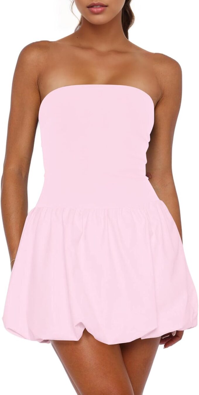Women’s Sexy Strapless Mini Dress Club Tube Corset Party Dress Y2k Bubble Skirt Summer Casual Bandeau Dresses