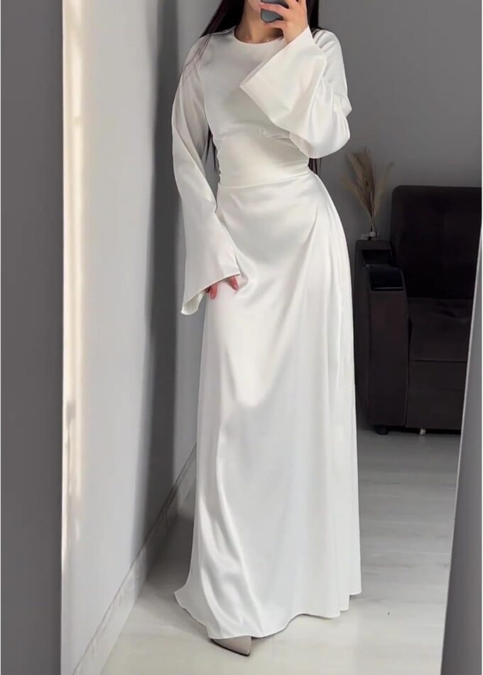 xxxiticat Women's Slip Satin Long Dress Long Sleeve Round Neck Back Lace Up Bandage Tie Wedding Party Maxi Dresses – Bild 2