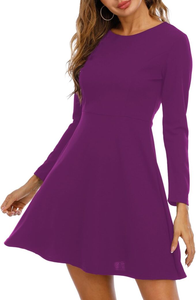 Jusfitsu Langärmeliges Damenkleid, lässig, schlicht, A-Linie, knielang, Rock, schmale Passform, Skaterkleid