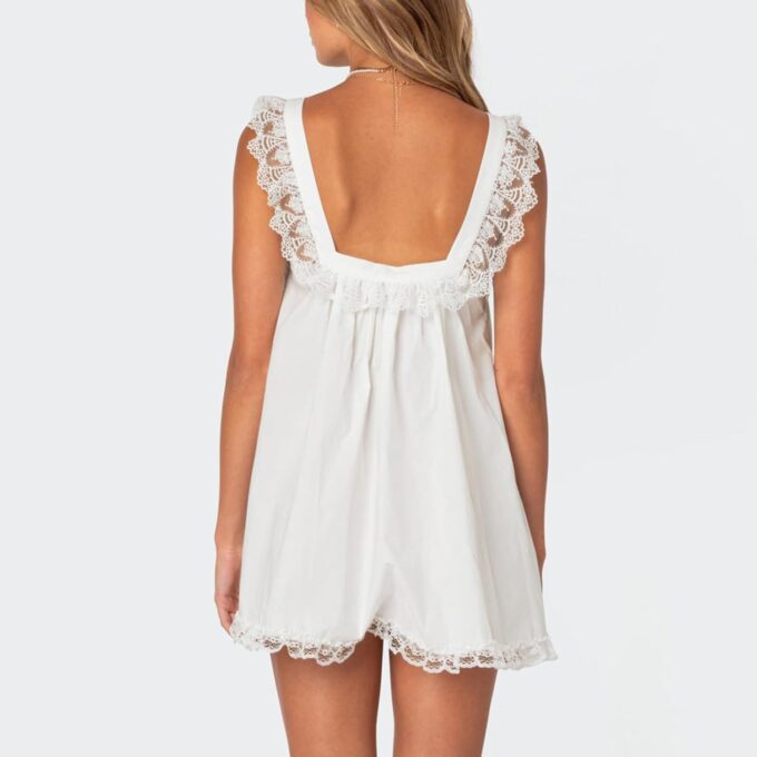 Women Y2K Lace Trim Slip Dress Casual Bow Tie Pleated Ruffle Tunic Dress Summer Outgoing Solid Color Short Sundress – Bild 7