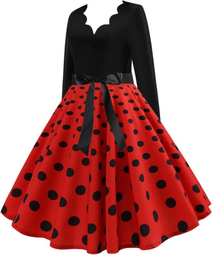 EFOFEI Women's Hepburn Polka Dots Dress Long Sleeve Knee-Length Dress Cocktail Party Evening Dress – Bild 2