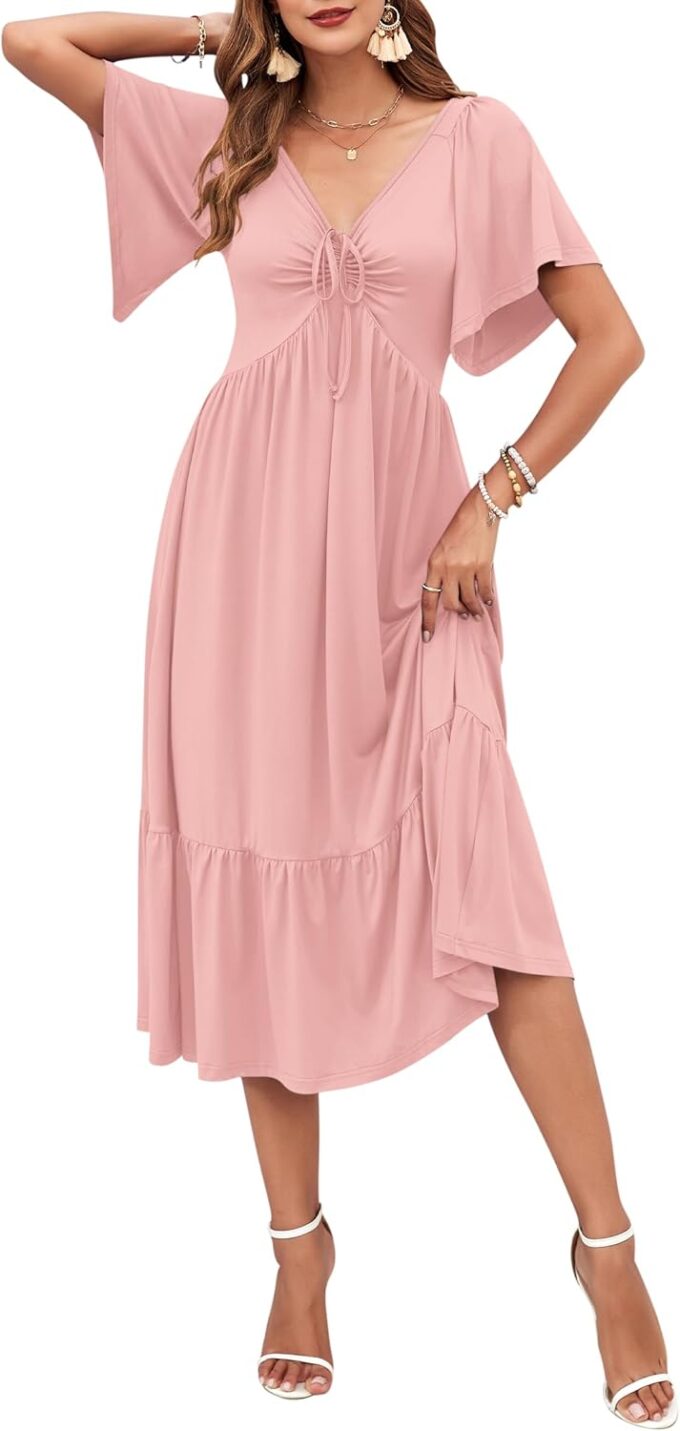 AUSELILY Women's 2025 New Summer Empire Waist Dress Drawstring Pleating Flutter Short Sleeve V Neck Midi Dresses – Bild 2