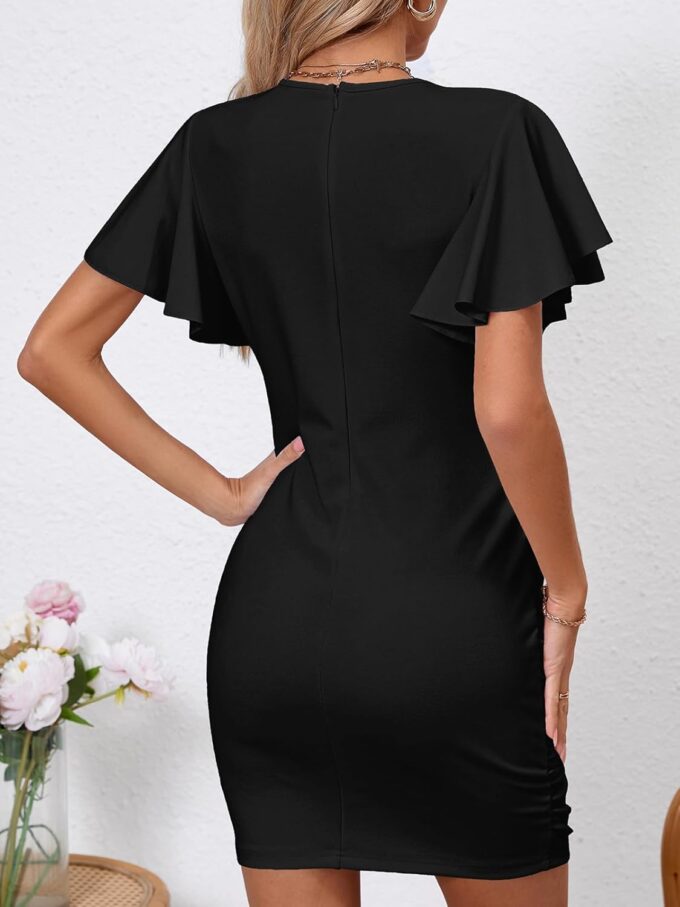 Women's Sexy V Neck Ruffle Sleeve Bodycon Mini Cocktail Party Dress Casual Short Sleeve Work Dress – Bild 4