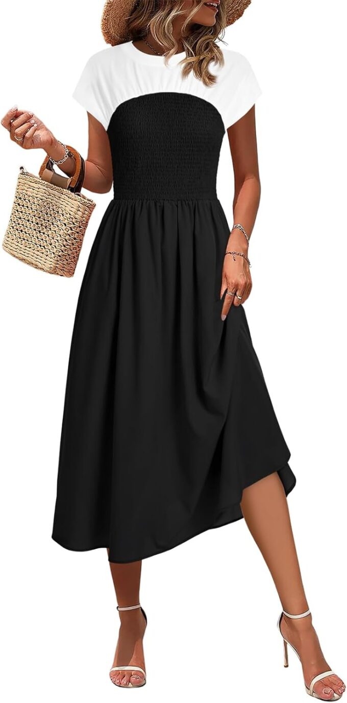 Wenrine Womens Casual Summer Midi Dress Smocked Cap Sleeve Crew Neck Color Block A Line Flowy Beach Dresses