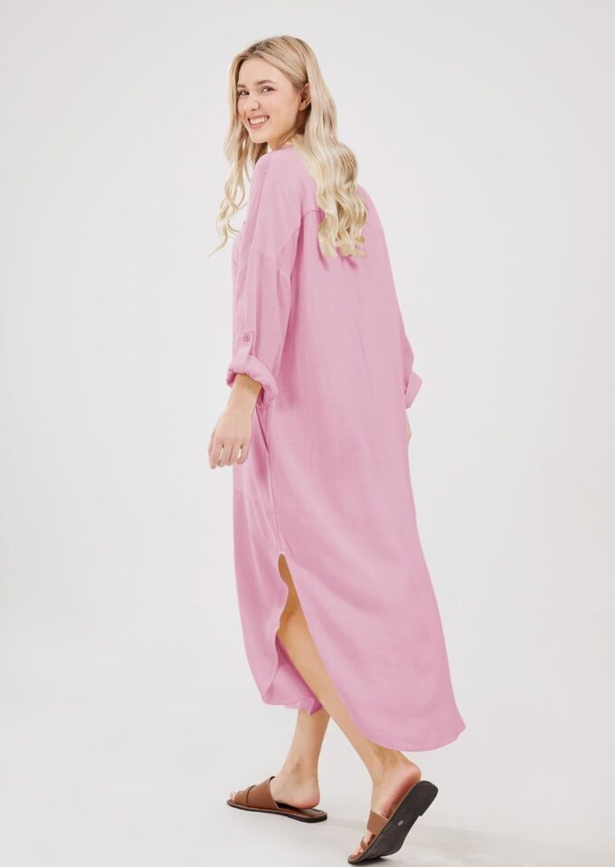 utcoco Womens Casual Loose Cotton Linen Long Shirt Dress Lapel Button Cuffed Sleeve Side Split Dresses with Pockets – Bild 6