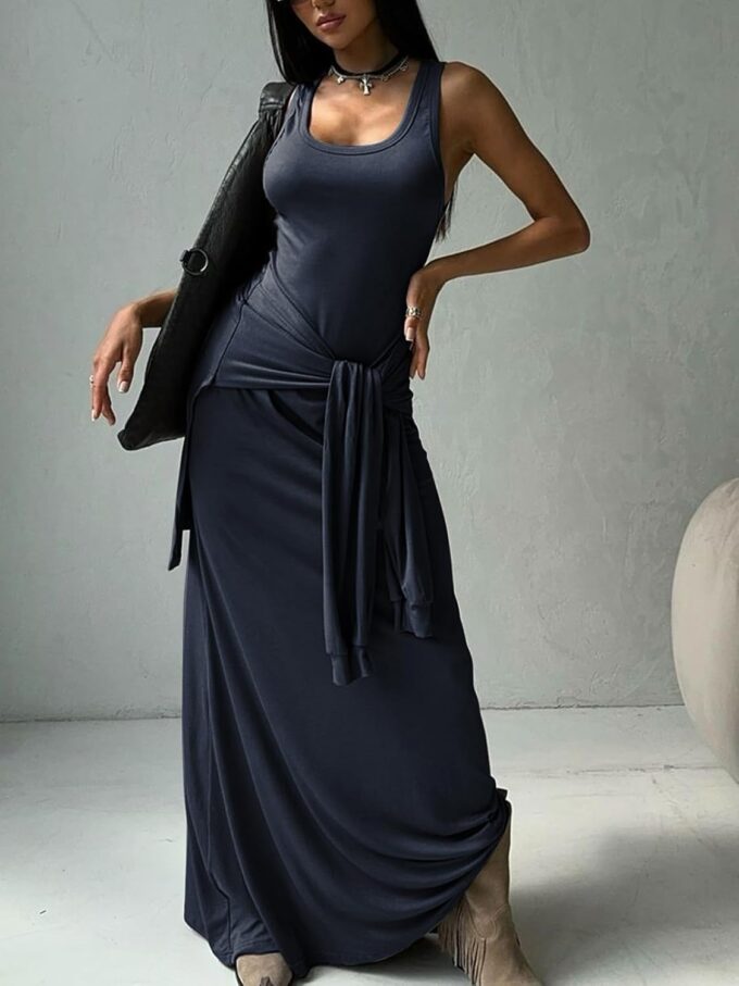 Women's 2025 Summer Maxi Tshirt Dress Tie Waist Casual Slim Fit Sleeveless Tank Long Beach Dresses – Bild 3