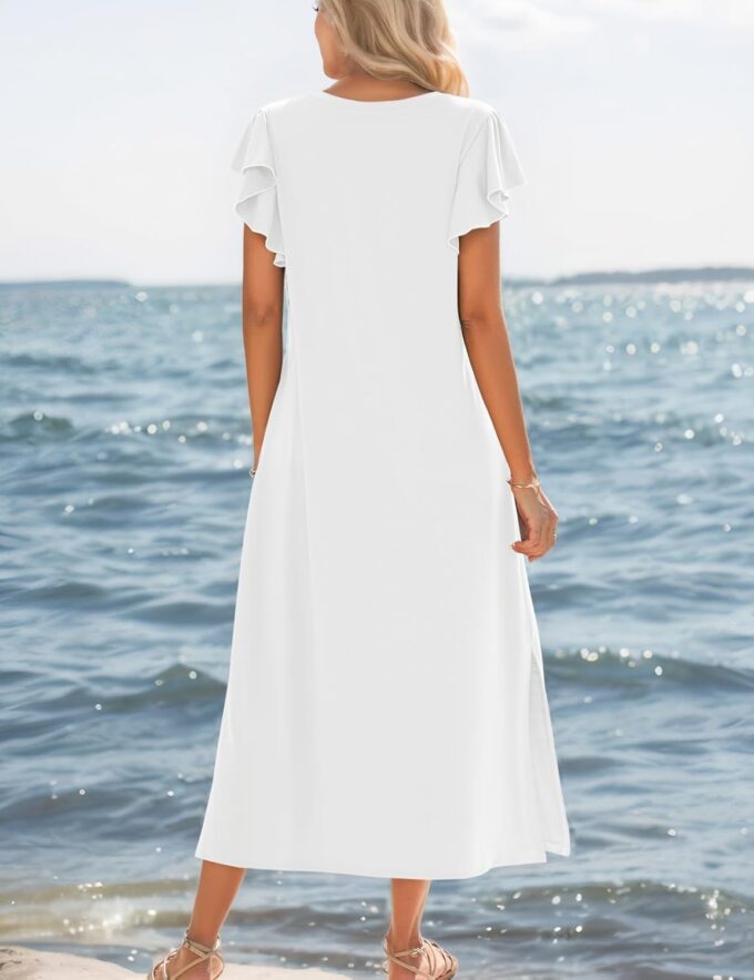 Zilcremo Women Summer Casual Ruffle Sleeve Loose Sundress Round Neck Split Long Maxi Beach Dress with Pockets – Bild 4