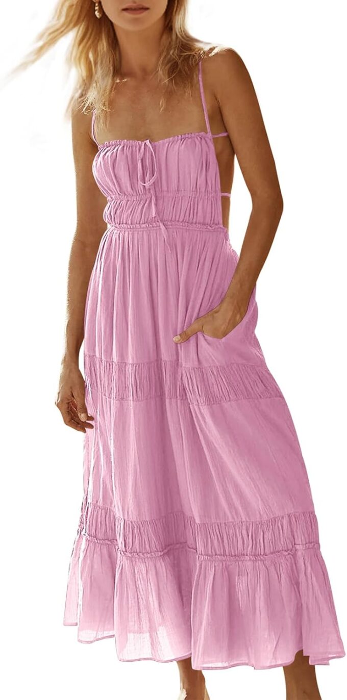 Wenrine Womens Summer Beach Dresses Backless Spaghetti Straps Self Tie Tiered Flowy Casual Maxi Dress with Pockets Pink