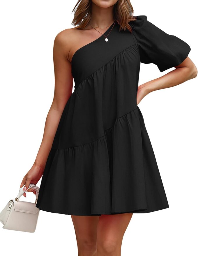 KIRUNDO Summer One Shoulder Mini Baby Doll Dresses Women 2025 Casual Puff Sleeve Loose Tiered A Line Flowy Short Dress