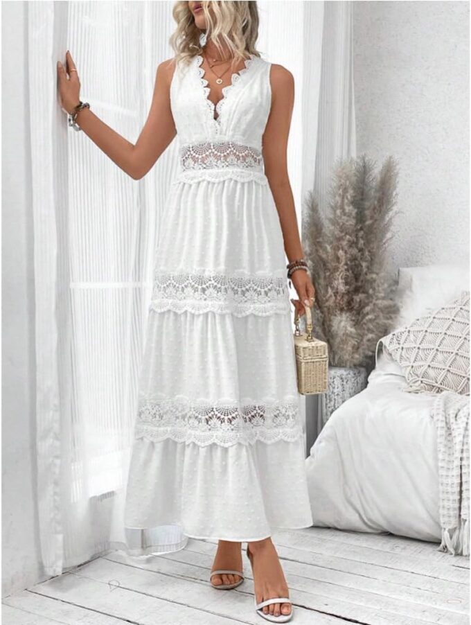 utcoco Womens Summer Embroidery Crochet Maxi Dresses Spliced Hollow Out V Neck Casual Sleeveless Flowy Boho Long Dress – Bild 5