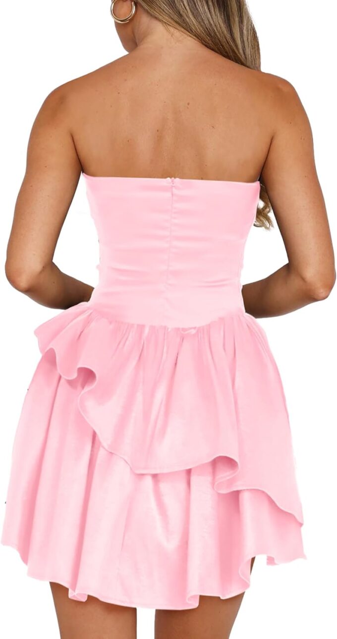 HYPERFIRE Women's Strapless Tube Satin Mini Dress Tiered Layered A-Line Short Formal Dresses – Bild 2