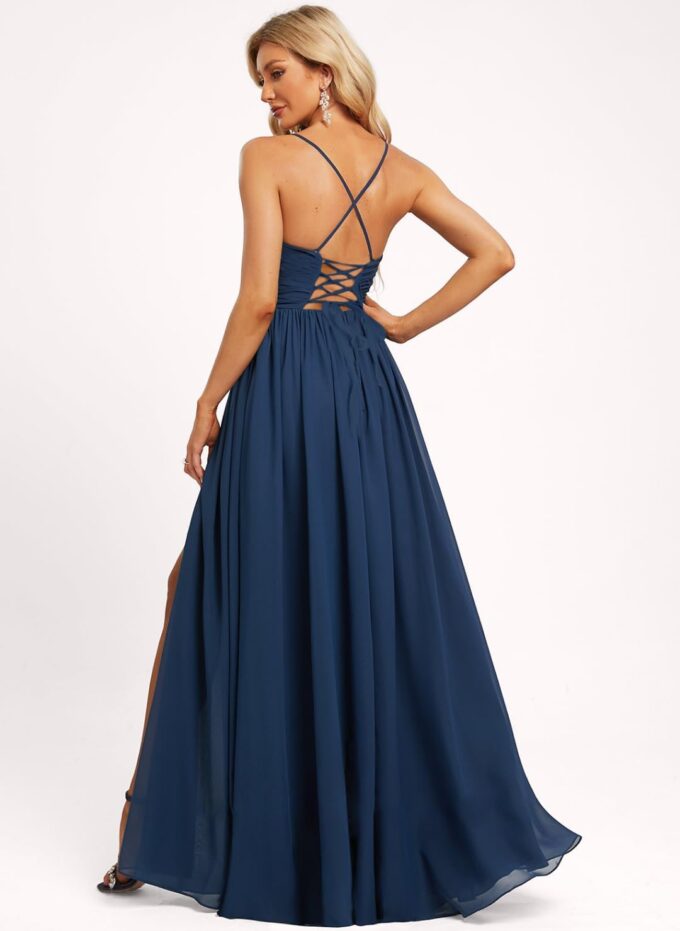 Chiffon V Neck Split Bridesmaid Dresses Long for Women with Pockets Empire Waist Pleated Formal Party Dress – Bild 3