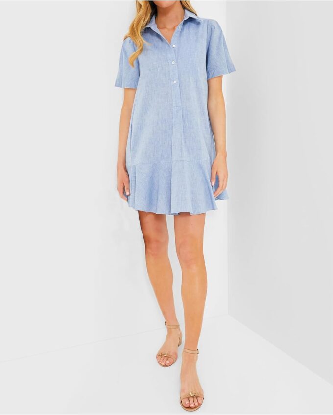 Women's Button Down Shirt Dress Summer Casual Short Sleeve Cotton Linen Ruffle Shift Mini Dresses – Bild 6