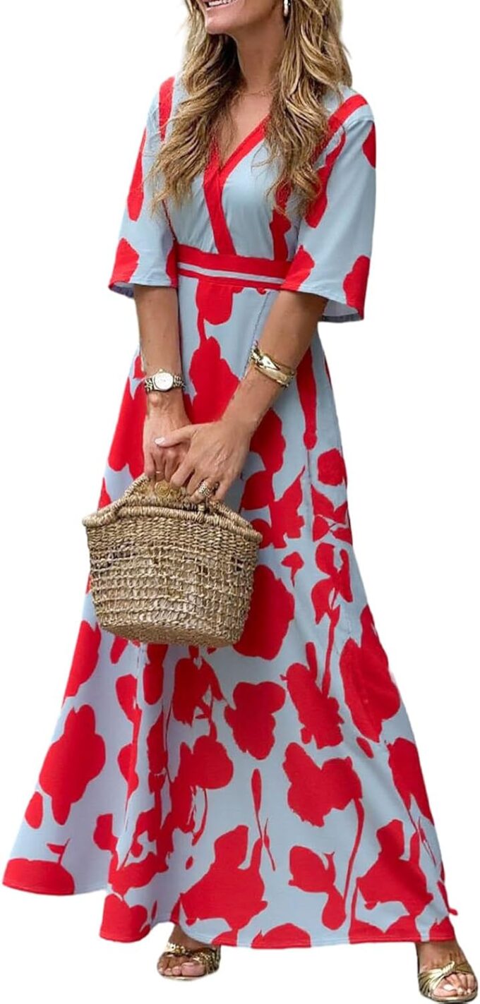 Womens Summer Cross V Neck Short Sleeve Party Long Dresses Red Boho Floral Flowy Split Cocktail Maxi Dress with Pockets